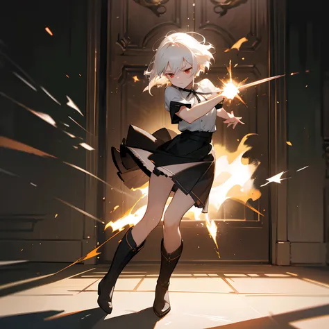 Perfect Detail,8K image quality,1 girl in, In front of the iron door,short white hair, better shadows, Better light, Improved facial detail, Red Eyes, Black airy blouse, Blitzskirt, Leather boots.Active movement,Spark,emotive(saddened)