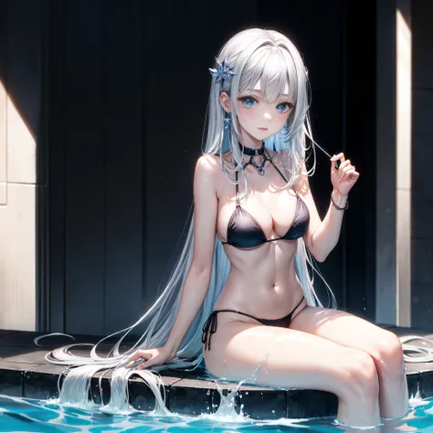 realisitic、top-quality、(One Woman:1.5)、silber hair、length hair、Blue eyes、medium chest、Sit in the pool、Black Micro Bikini、The areol