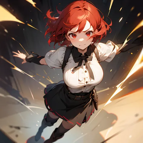 Perfect Detail,8K image quality,1 girl in, In front of the iron door,Short red hair, Jubilant face,better shadows, Better light, Improved facial detail, Red Eyes, Black airy blouse, blitzkrieg, Leather boots.active movement,Spark of light,emotive(saddened)