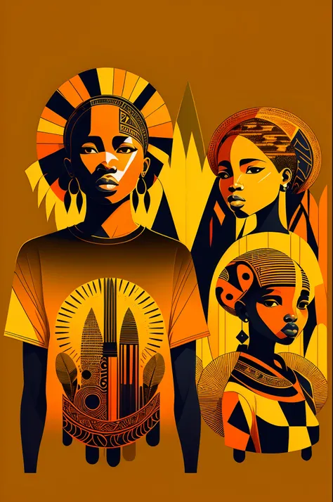 A minimalist, t-shirt design with a vintage twist, african abstract art, emotional, uplifting, three colors, orange, yellow, cool, print, silhouette, indigenous people, African natural vegetation --auto --s2