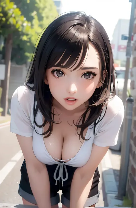 girl in summer clothes, t-shirt, shorts, pantyhose or long stockings, making as if she wants to kiss you, (girl bending down looking at the camera), medium breasts, cleavage, random background, flirtatious look, ((very detailed)), (perfectly detailed face)...