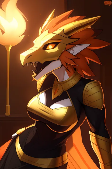 muscular_mature_dragon female flaming_orange_hair gold_scales white_scaled_body orange_iris gold_spikes gold_horns black_sclera slit_pupils solo Masterpiece best_quality absurdres highly_detailed gown_with_gold_trim gold_circlet gold_gorget gold_bracers cl...