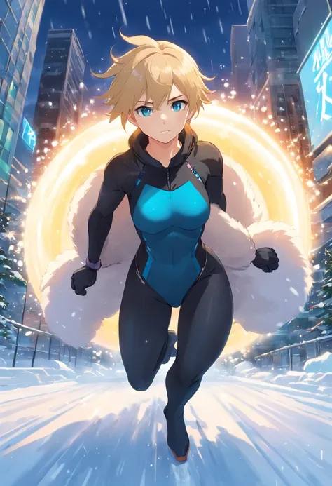 1 male human、a blond、Huge ass、black rubber suit、blue eyess、Large, thick thighs、short-haired、wide hips、musculature、run、snow blowing、kou