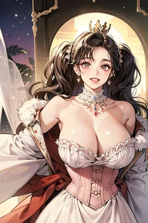 Best quality, solo mature woman, (giant breasts:1.6), giant ass, very curvy, very long big Voluminous Curls in thick pigtails, pale pink eye, full lips, seductive, smiling, pretty crown, beige princess dress with long sleeves, elegant necklace, ring, pooff...