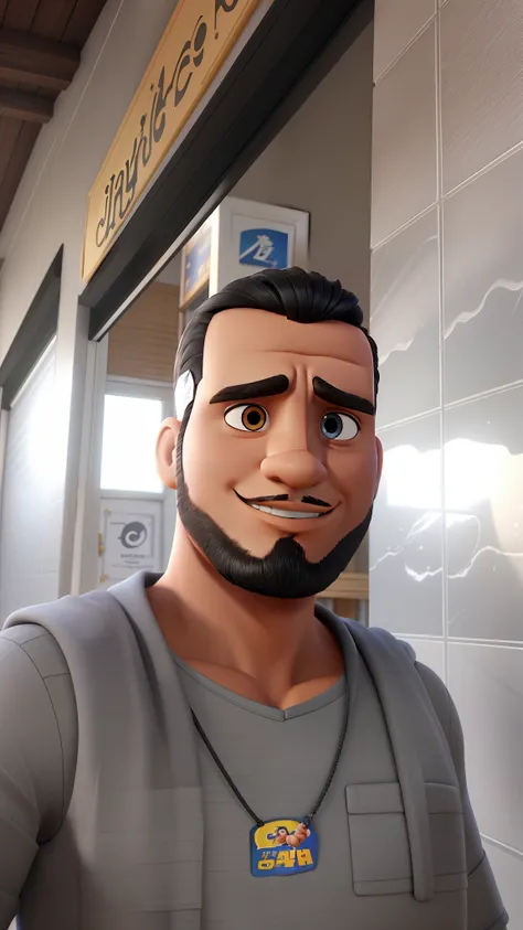 Homem branco cabelo preto curto, cavanhaque preto, olhos castanhos, Home Scenery, estilo mundo pixar, alta qualidade, 3D 4K