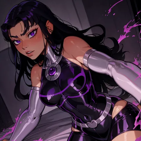 blackfire, dark purple eyes, black hair, purple pupils