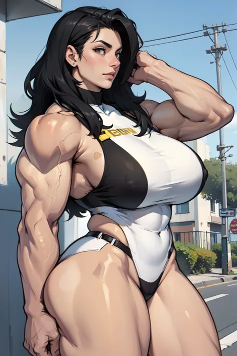 solo muscular thick thighs huge breasts black hair yellow pale skin