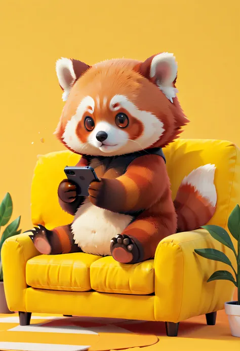 a red panda lies on a yellow couch playing with its phone, a design style with creative features,illustration,cute avatar,bold l...