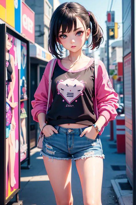 Realistic 3d cartoon style rendering, girl, summer trend fashion clothing, candycolor clothes, new pop portrait, fashion illustration, vibrant colors, neon realism, made by POP-Mart, glossy and delicate, clean background, 3d rendering, OC rendering, 8K