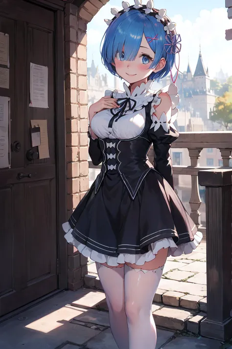 blue hair, rem \(re:zero\), [smile], blush, castle,, masterpiece, best quality, perfect lighting, 1girl, skirt, medium breasts,