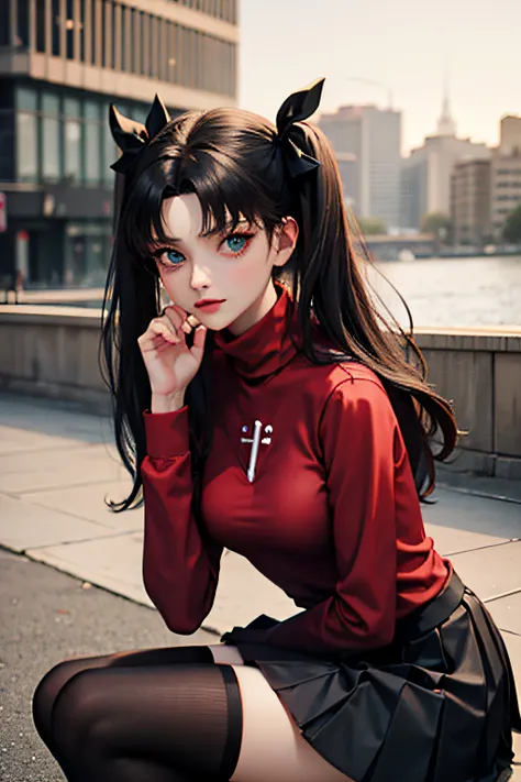 (masterpiece), best quality, expressive eyes, perfect face, 1girl, solo, rintohsaka, rin tohsaka, aqua eyes, black hair, hair ribbon, long hair, ribbon, sidelocks, two side up, black skirt, black thighhighs, long sleeves, miniskirt, pleated skirt, ((red sw...