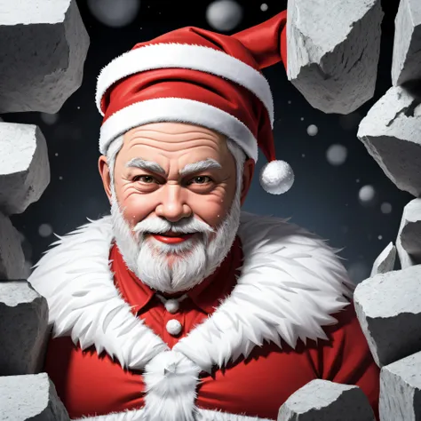 Christmas happy Santa 3d wallpaper sticker by adria, in the style of distorted and fractured, detailed background elements, frontal perspective, cracked, stone, close up, destructive