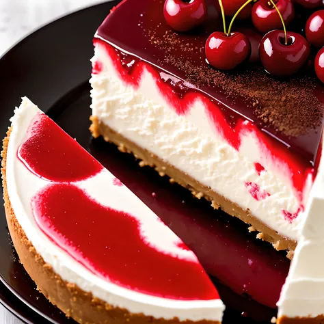 Delicious cherry cheesecake with chocolate, yummy, fragrant, Professional shooting detail and lighting, close up shot