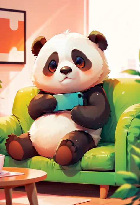 a cute panda lying on the couch playing with his phone, a design style with creative features,illustration,cute avatar,bold line...