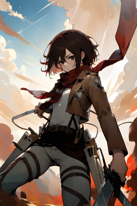 masterpiece, best quality, highres, hmmikasa, short hair, black eyes, scarf, emblem, belt, thigh strap, red scarf, white pants, brown jacket, long sleeves, holding weapon, sword, dual wielding, three-dimensional maneuver gear, fighting stance, sky,