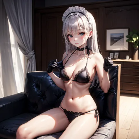 realisitic、top-quality、sit on sofa、((One Woman:1.5))、Silver hair、Long hair、Medium chest、inside in room、Black Maid Outfit、Thin fabric bikini、White Sheer Bikini、Open your clothes , Lace gloves、teats