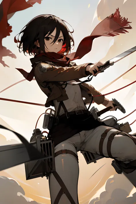 masterpiece, best quality, highres, hmmikasa, short hair, black eyes, scarf, emblem, belt, thigh strap, red scarf, white pants, brown jacket, long sleeves, holding weapon, sword, dual wielding, three-dimensional maneuver gear, fighting stance, sky,