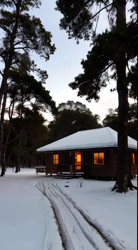 arafed hut in the forest with snow on the ground, casa na floresta, cabana na mata, casa de campo na floresta, solitary cottage ...