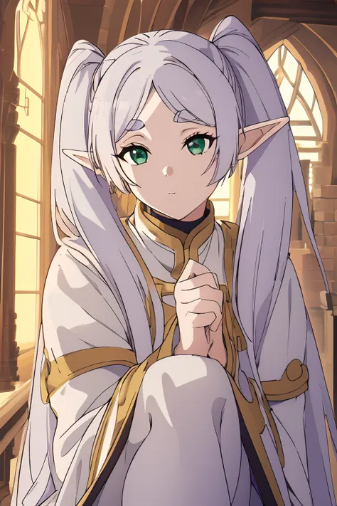 an elf girl,twin tails with gray hair、white robes and skirts、black tights、brown boots,green eyes,parted bangs,thick eyebrows,bea...