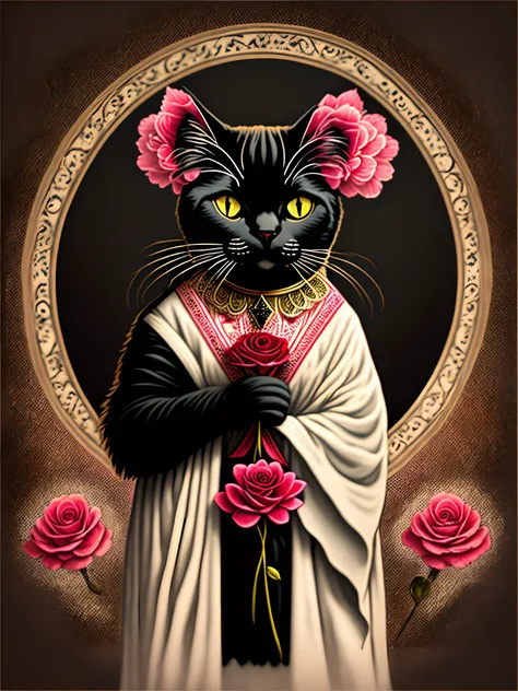 Cigana de cabelos negros e pele clara com batom vermelho e rosas vermelhas no cabelo, Holding the Tarot and next to a black cat