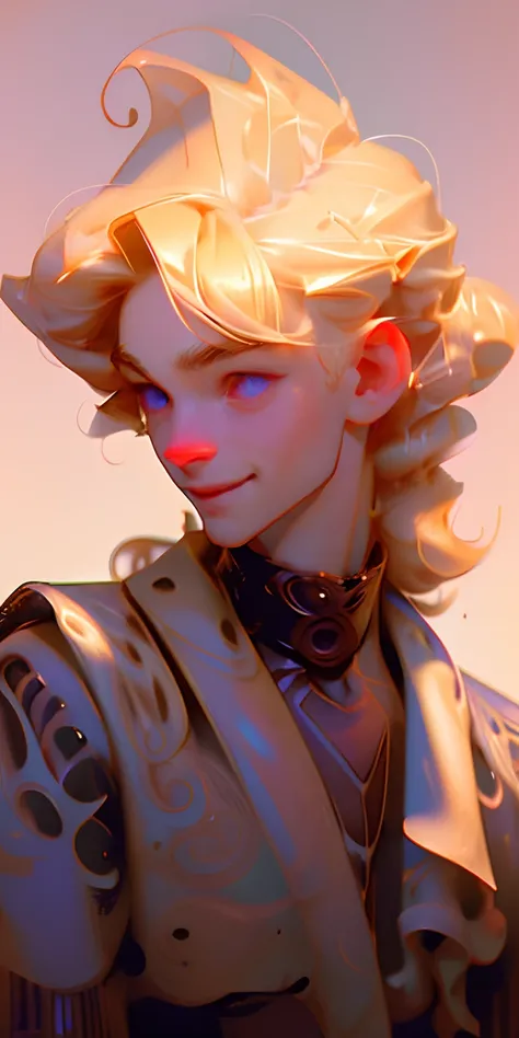 1boy, healthy complexion, witty, pretty, Greek, purple eyes, grinning, smug, chuckling, aristocratic, blond slightly wavy with curls hair, low ponytail, physician