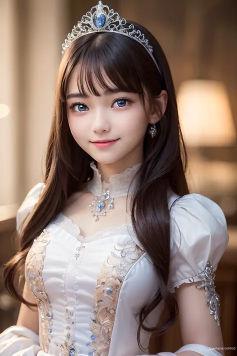 ((best quality, 8K, masterpiece)), ultra detailed, sharp focus, ((ultra realistic photo)), 1 cute girl, 15yo, elaborate design dress, tiara, highly detailed face and skin texture, ((detailed eyes)), ((beautiful eyes:1.4)), (smile:1.15), (closed mouth), thr...