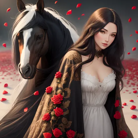 The whole background is red rose petals, a black gypsy horse with red roses in its long mane. Realism