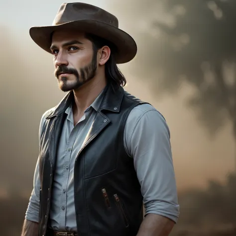 (best quality) latin cowboy with a medium beard,wearing a hat,wearing a dark shirt,wearing a fedora,cowboy boots,leather vest,beautiful detailed eyes,stubble,dusty background,vintage look,aged leather texture,wide-brimmed hat, strong and charismatic expres...