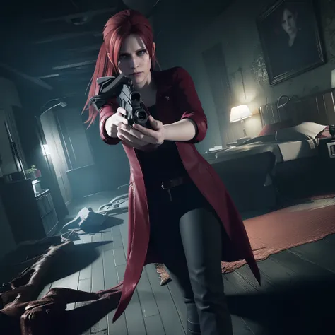 4K, HD, ((Claire Redfield 40 years old)), beautiful face, looking at viewer, very long red hair, perfect Face, black jeans, red long coat with black t-shirt, red nail polish, friendly face, Glare, holding a gun