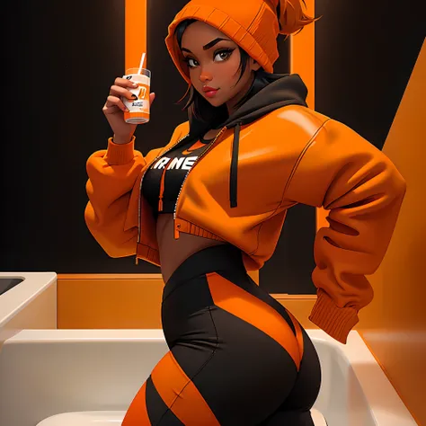 a close up of a person in a bathroom taking a picture of herself, orange and black, tight outfit, thicc, black and orange, orange hoodie, orange jacket, orange and black tones, vibrant orange, she is wearing streetwear, casual pose, orange neon, attractive...