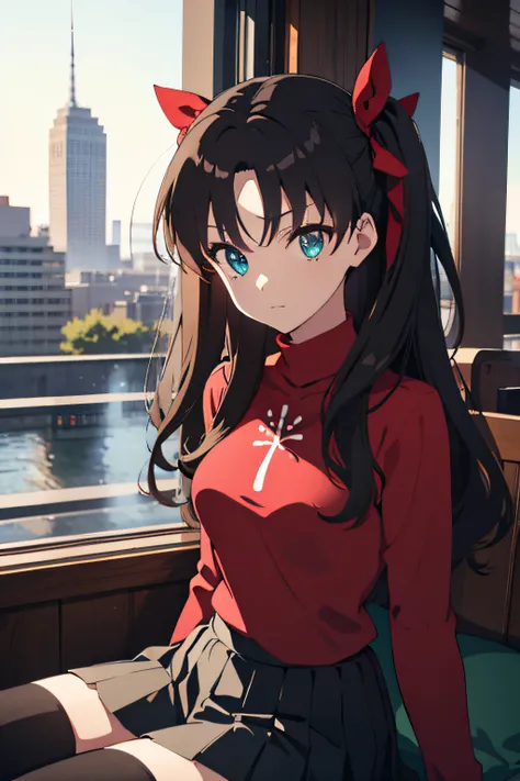 (masterpiece), best quality, expressive eyes, perfect face, 1girl, solo, rintohsaka, rin tohsaka, aqua eyes, black hair, hair ribbon, long hair, ribbon, sidelocks, two side up, black skirt, black thighhighs, long sleeves, miniskirt, pleated skirt, ((red sw...