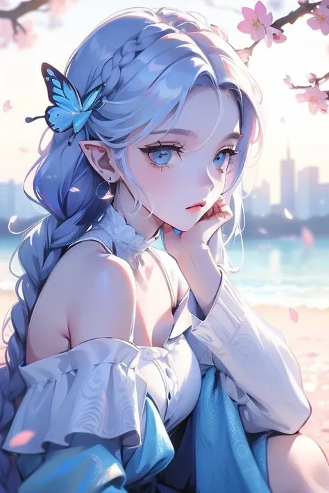 Best quality, highly detailed, perfect masterpiece, ultra detailed, (reality, official art: 1.2), 1 girl, (white background, cherry blossoms and butterflies blowing in the wind), simple background, delicate eyes, blue colored hair, moonlight eyes, long det...