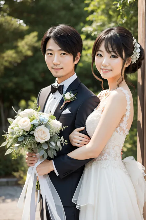 newlyweds, a lovely japanese couple, two shot, lined up, cheek to cheek, waist up shot