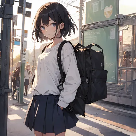 Portrait, Documentary, Photo, A girl is 13-year-old gender-neutral middle school student with short black hair and small chest, walking on the school commute route with a tired expression, Short hair, School uniform, skirt, School commute route, High quali...