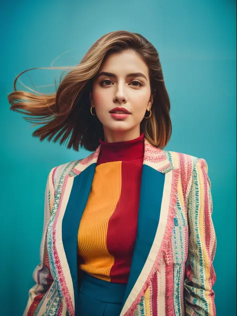 Mulher bonita 20 anos, cabelo castanho ondulados, wearing a beautiful intricate bold and colorful geometric suit, Atmosfera colorida, Photo Studio, artistic,