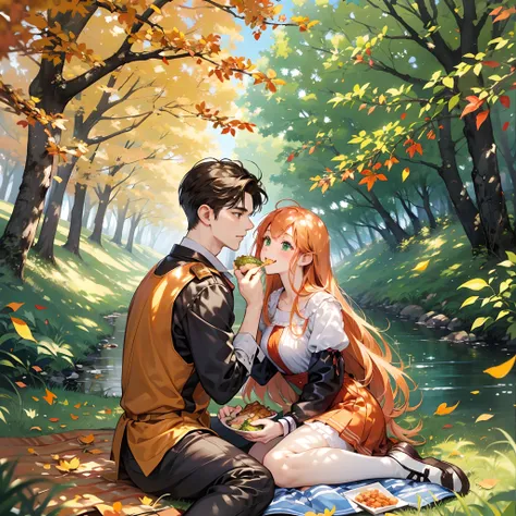 Romantic picnic at a riverbank in autumn. Orange leafs are falling down into two characters. One is a cute anime girl with ginger long hair and with green eyes. The other is a cute anime man with brown short hair. They are feeding each other food. The man ...