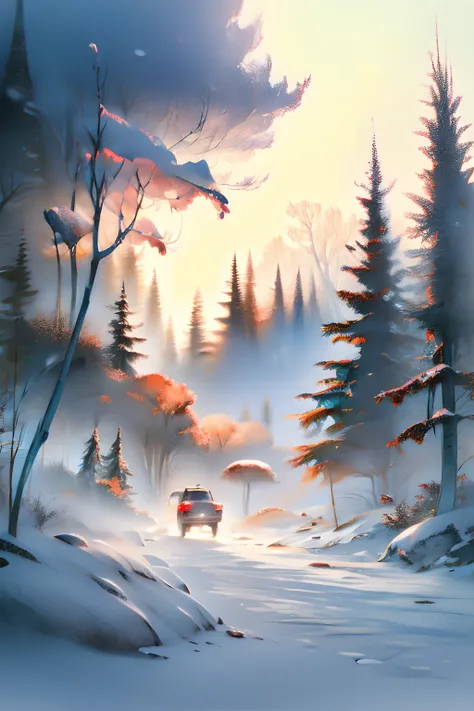 Snow days snow landscapes woods trails winding no characters warm colors travel pickup trucks