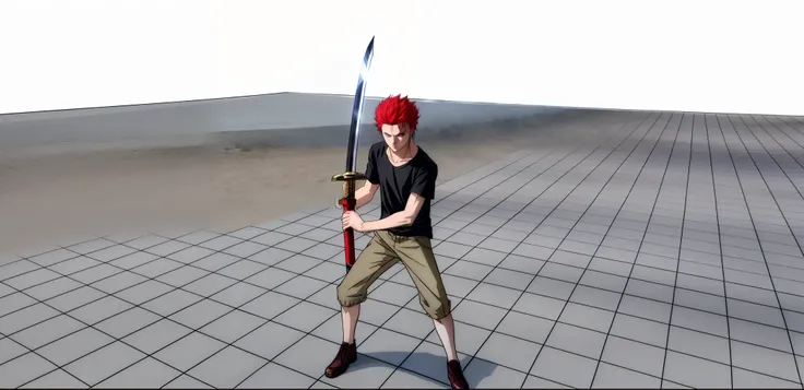 a close up of a person holding a sword, boy, red hair, black shirt, blue eyes