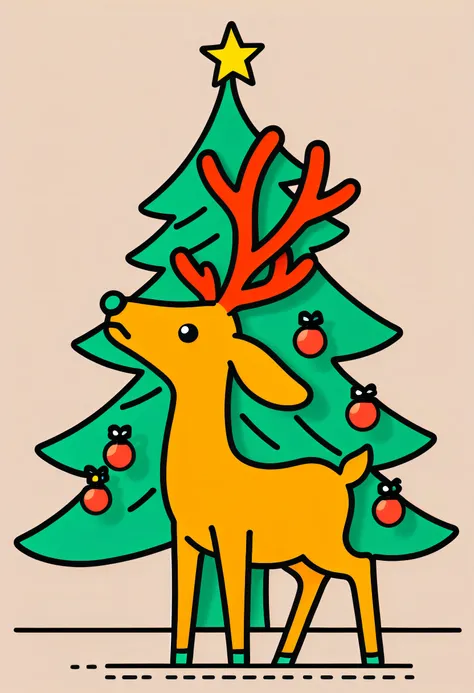 Cute Christmas Reindeer next to a Christmas tree, line art, simple details, in style of Keith Haring, bold line and solid color, minimalist,