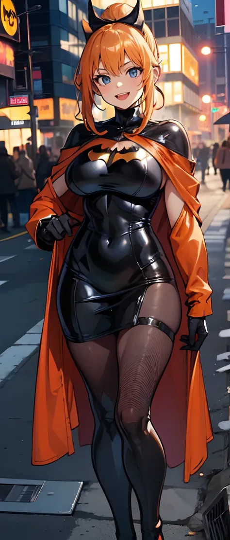 one-girl，Batman costume dress，Orange ponytail，A calm face， Black cape, Walk the streets with the crowd at night,  huge tit, Crazy swollen breasts, Buttock augmentation, Fitness model, A smile