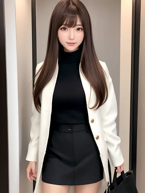 mastepiece, 1 girl per 1 photo, cowboy shot, front view, a Japanese young pretty girl, long bob hair, standing in front of a elevator with a big smile in a room of a luxury hotel, white jacket over a black turtleneck sweater, black miniskirt, a tote bag ov...