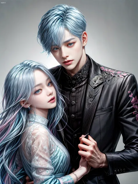 ((Male and female couples)), Idol Photos, Magazine covers, Photos of actors, Professional Photos, Height difference, tall male, Happiness, youthfulness, extra detailed face, detailed punk hair, very detailed character, inspired by Sim Sa-jeong, Cai Xukuns,...