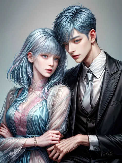 ((Male and female couples)), Idol Photos, Magazine covers, Photos of actors, Professional Photos, Height difference, tall male, Happiness, youthfulness, extra detailed face, detailed punk hair, very detailed character, inspired by Sim Sa-jeong, Cai Xukuns,...