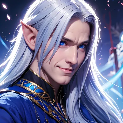 Male, man, young, boy, male, White hair, long hair, blue eyes, evil smile, evil, smile, elf