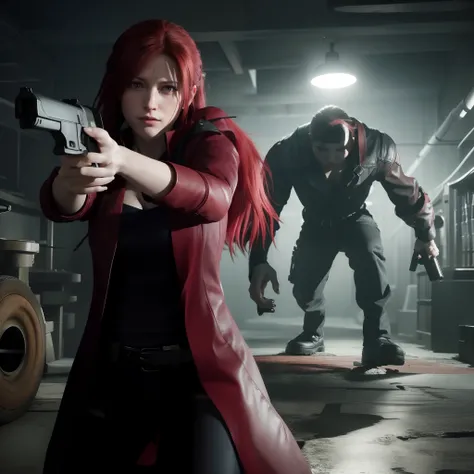 4K, HD, ((Claire Redfield 40 years old)), beautiful face, looking at viewer, very long red hair, perfect Face, black jeans, red long coat with black t-shirt, red nail polish, friendly face, Glare, holding a gun