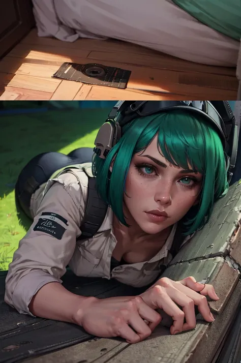 1girl, piledriver doggystyle, top-down bottom-up,, masterpiece, best quality, highly detailed, ela_(rainbow_six_siege), masterpiece, best quality, 1girl, solo, green hair, realistic, short hair, (insanely detailed, beautiful detailed face, beautiful detail...