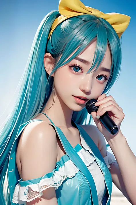 Hatsune Miku、Singing、Holding a microphone、Photorealsitic, hight resolution, 1 rapariga, Korea person, Heterochromia eyes, A small mole under the mouth,