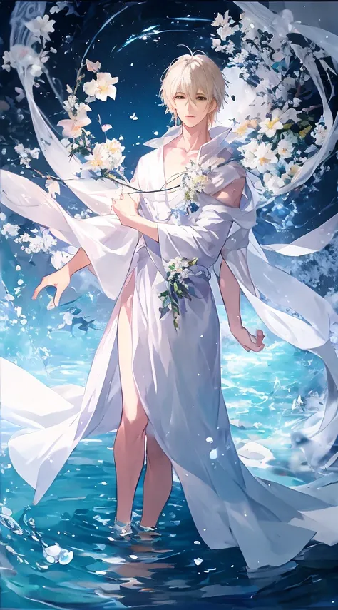 Anime boy standing in the water in a white dress，hold a flower, male people， zerochan art, trending on artstation pixiv, White-haired god, flowing magical robe, Digital art on Pisif , full portrait of elementalist, Beautiful celestial mage, By Yuumei, !!Fu...