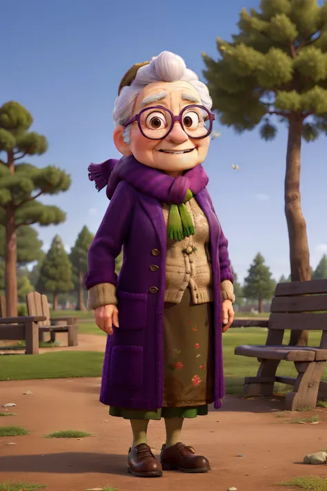 masterpiece, best quality, an old woman with glasses and a scarf on, wearing a purple coat and green scarf, standing at the park