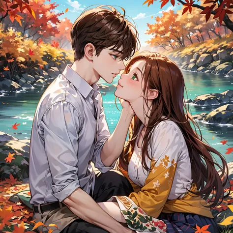 Romantic picnic at a riverbank in autumn. Orange leafs are falling down into two characters. One is a cute anime girl with ginger hair and with green eyes. The other character is a cute anime man with brown hair. They are kissing each other on the mouth. T...